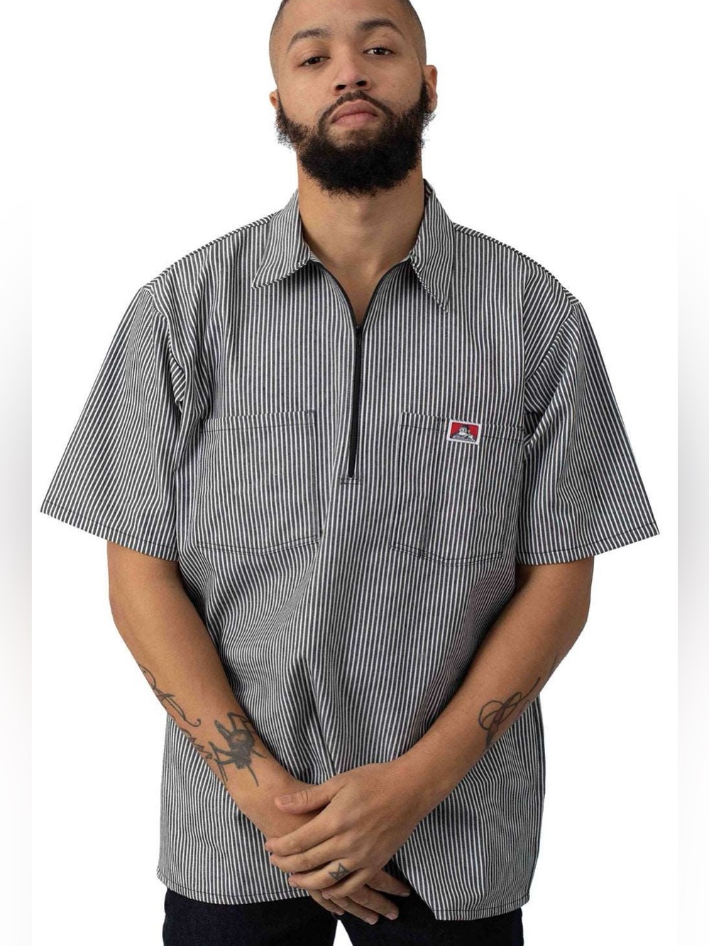 Ben Davis striped short sleeve collared quarter zip work shirt